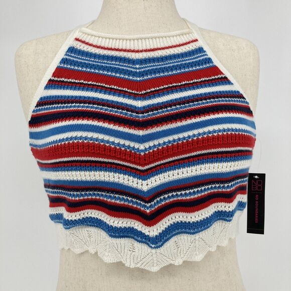 No Boundaries Crop Halter Top LARGE 11-13 Crochet Patriotic USA Red White Blue - Picture 3 of 8